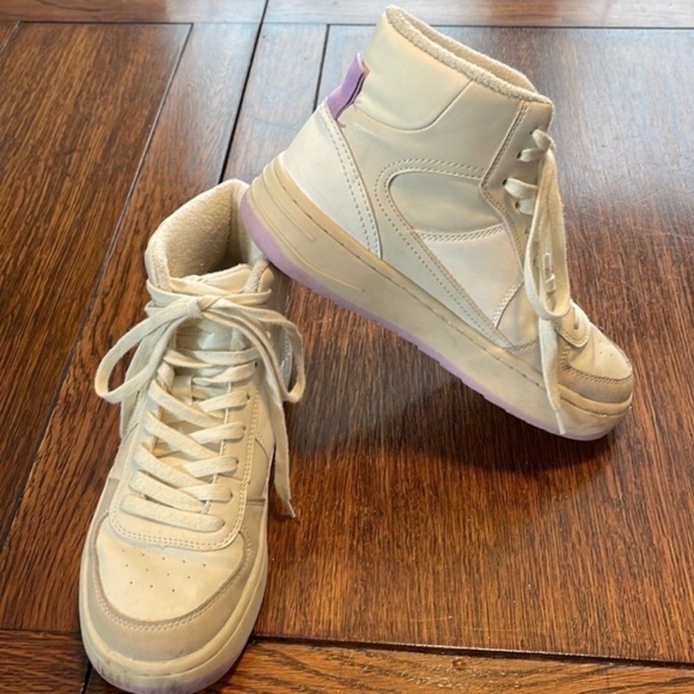 Zara High Top Sneakers 37 / 7 cream purple accent and soles Cream faux leather